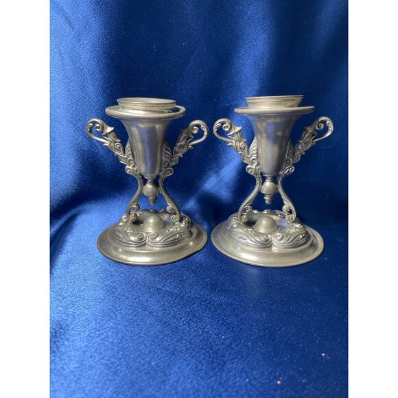Pair of Ornate Candlestick Holders Pewter by Wilcox P139 - Picture 3 of 9
